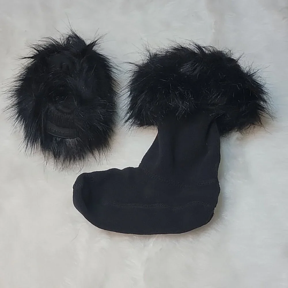 HUNTER Girl's Black Faux Fur Fold Over Glam‎ Preppy Y2K Winter Rain Boot Socks M